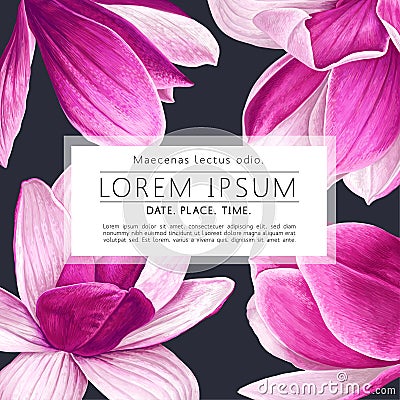 Greeting card template with realistic floral elements of pink magnolia flowers Vector Illustration