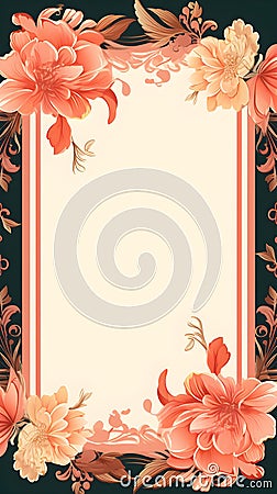 a floral frame with pink flowers on a black background. Abstract Salmon color ornate background. Stock Photo