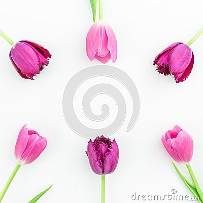 Floral frame with pink tulip flowers on white background. Flat lay. Top view. Valentines Day background. Stock Photo