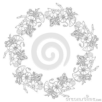 Floral frame with Poppy flowers and narcissus, clover and cornflower on white background Vector Illustration