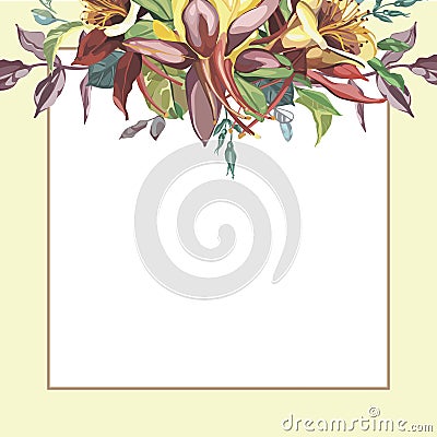 Floral frame with red flowers on light background. Greeting card or template for wedding`s Day design Vector Illustration