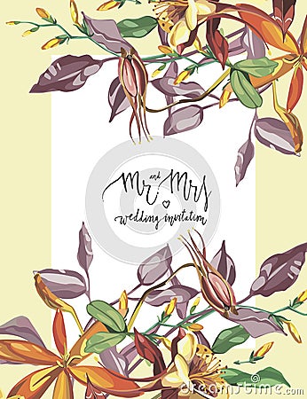 Floral frame with red flowers on light background. Greeting card or template for wedding`s Day design. Vector Illustration