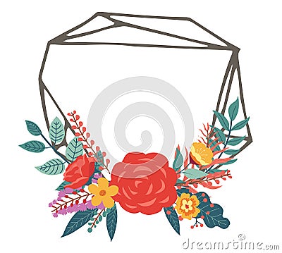 Floral frame with roses and foliage, minimalist banner Vector Illustration