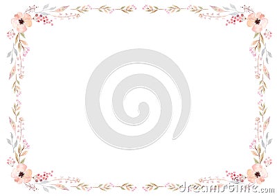 Floral frame template with pink purple flowers and swirly leaves on white background. Vector Illustration