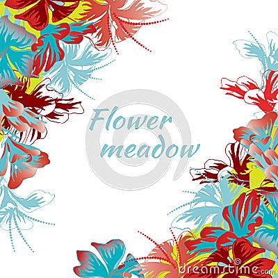 Floral frame for text. Autumn card with red and blue flowers on a white background.Vector illustration for poster, invitation and Vector Illustration