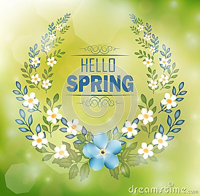 Floral frame with text hello spring and bokeh background Vector Illustration