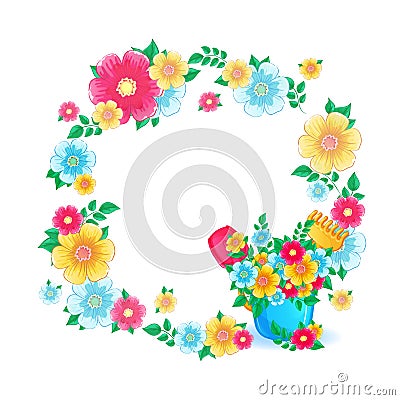 Floral frame a wreath of bright flowers and a bouquet in a plastic blue children bucket. Vector Illustration