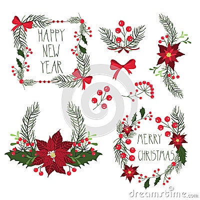 Floral frames for Christmas holiday cards with flowers and berries. Vector Illustration. Vector Illustration