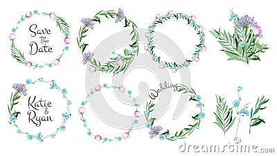 Floral frames. Circle shapes with flowers branches decorative elements simple leaf greeting cards layout wreath vector Vector Illustration