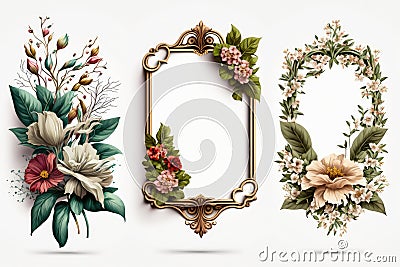 Floral frames, artwork, popular. Isolated on white background. Stock Photo