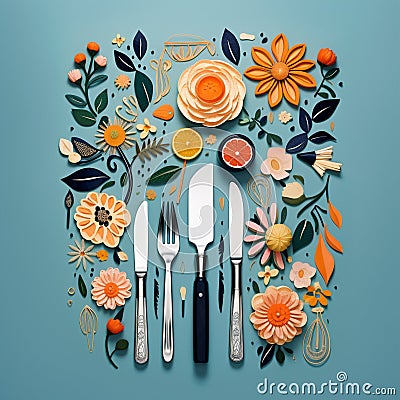 Floral Fusion: Blooming Utensils in Harmony Stock Photo