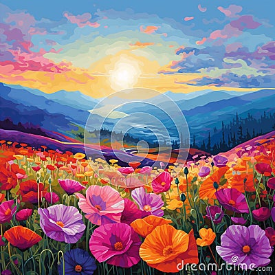 Floral Fusion: A Mosaic of Vibrant Flower Fields Stock Photo