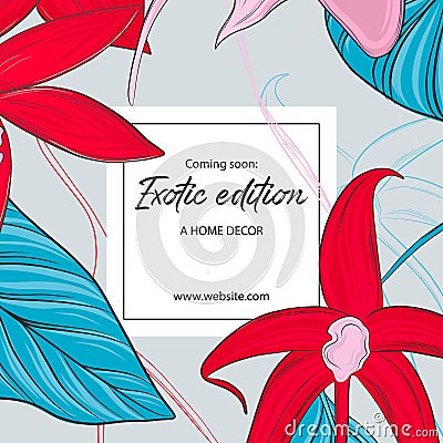 Floral garden wallpaper. Summer contrast red pink orchids with blue leaves. Spring wedding invitation. Vector Illustration