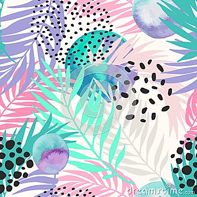 Floral and geometric background with palm leaves, doodle, watercolor texture, stains, 80s 90s shapes Cartoon Illustration