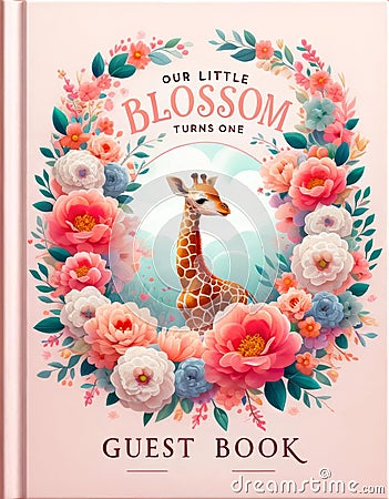 Floral Giraffe First Birthday Guest Book Elegance Stock Photo