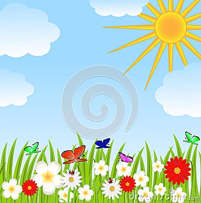 Floral glade, blue sky and sun Vector Illustration