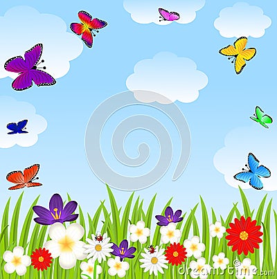 Floral glade and bright butterflies Vector Illustration