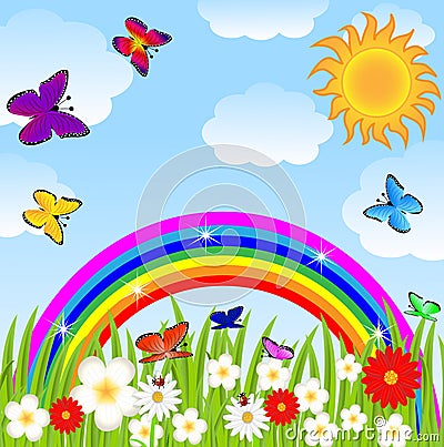 Floral glade, butterflies and bright rainbow Vector Illustration