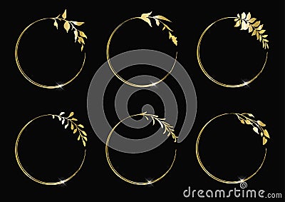 Floral gold circle frames. Round frames with herbs and leaves. Vector Illustration