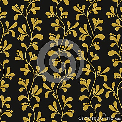 Floral gold seamless pattern with branches and leaves. Vector Illustration