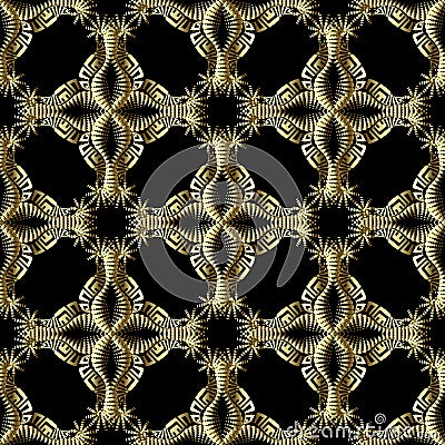 Floral gold textured 3d greek vector seamless pattern. Ethnic style ornamental background. Halftone arabesque flowers, leaves, Vector Illustration