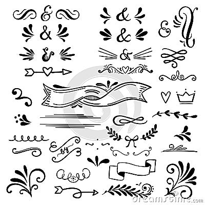 Floral and graphic design elements with ampersands.Vector set of text dividers for lettering. Vector Illustration