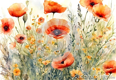 floral grass poppy flowers bloom blossom botanical aquarelle watercolor hypericum beautiful poppies art bouquet illustration Stock Photo