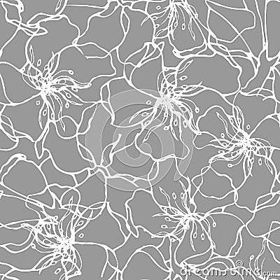 Floral gray seamless pattern with contour white flowers. Textile vector background for fabric, bedding, curtains and home textiles Vector Illustration