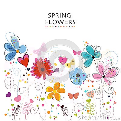 Floral greeting card with colorful decorative abstract spring flowers Vector Illustration