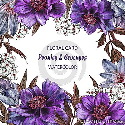 Floral greeting card with peonies, crocuses and jasmine Stock Photo