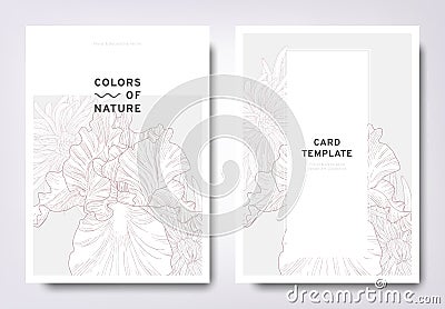 Floral greeting/invitation card template design, hand drawn Iris and Petite Jenny flowers, minimalist pastel style Vector Illustration