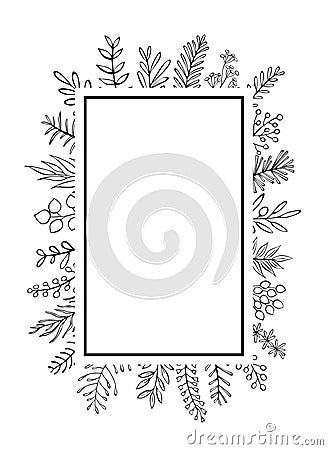 Floral hand drawn farmhouse style outlined twigs branches frame border background Vector Illustration