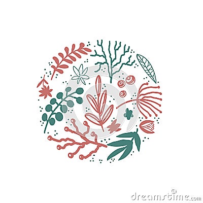 Floral hand drawn illustrations set in doodle style with flowers and leaves on white backdrop. Cartoon Illustration