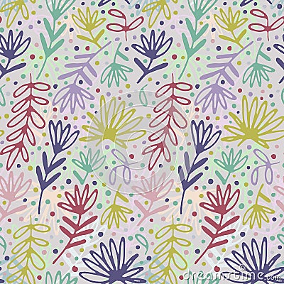 Floral hand drawn seamless pattern. Hand drawn abstract fancy leaves, flowers and grasses. Folk hand drawn style. Summer Vector Illustration