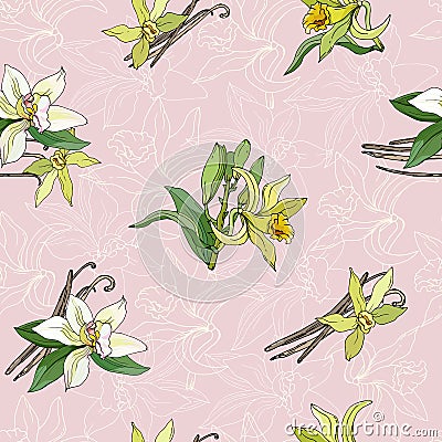 Floral hand-drawn vector seamless pattern. Yellow vanilla flowers on a coral background. Endless vector texture for kitchen Vector Illustration