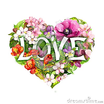 Floral heart with flowers and Love text. Watercolor Stock Photo