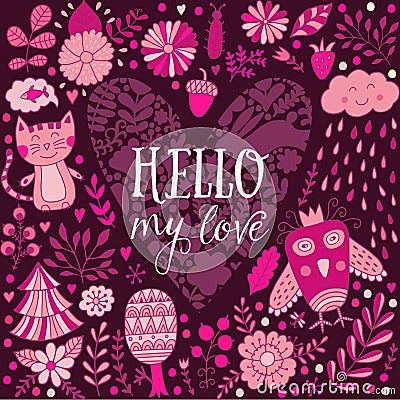 Floral heart frame. Heart made of flowers. Doodle Heart. Valentines day card, animal and flowers doodles. Vector Illustration