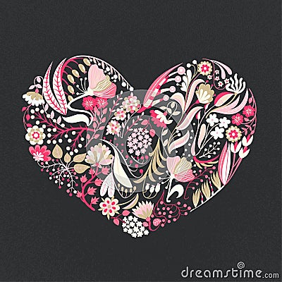 Floral heart. Hand drawn creative flowers. Romance. Colorful artistic background with blossom. Abstract herb Vector Illustration