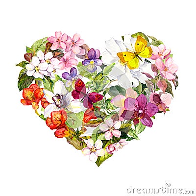 Floral heart with meadow flowers, summer butterflies and leaves. Watercolor Stock Photo