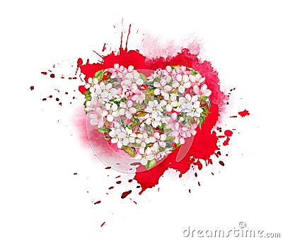 Floral heart with pink flowers on red artistic watercolor splash. Expressive emotional heart for Valentine day Stock Photo