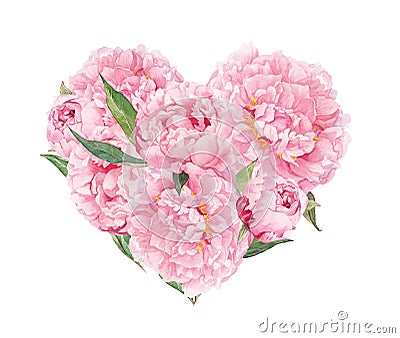 Floral heart - pink peonies flowers. Watercolor for Valentine day, wedding Stock Photo