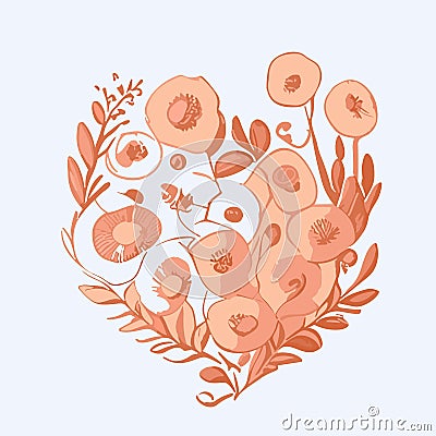 Floral heart with poppies and leaves. Vector illustration. Vector Illustration