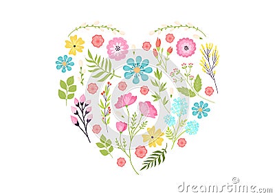 Floral heart shape with colorful flowers and leaves. Nature inspired design, romantic botanical arrangement. Springtime Cartoon Illustration