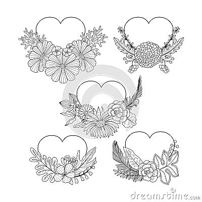 Floral heart shape frame collection doodle style. Coloring book page. Vector Illustration