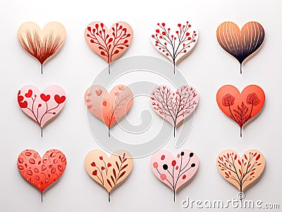Floral hearts collection, hand drawn hearts for cards and invitations. Stock Photo