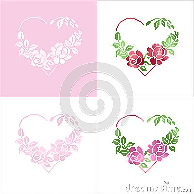 Set of four floral hearts, embroider Vector Illustration