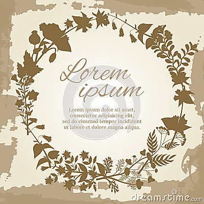 Floral and herbal wreath silhouette on vintage grunge backdrop Vector Illustration