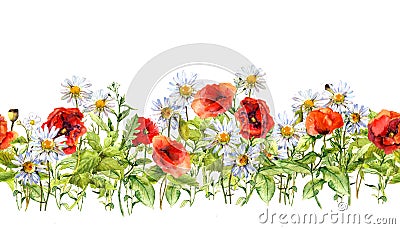 Floral horizontal border. Watercolor meadow flowers, grass, herbs. Seamless frame Stock Photo