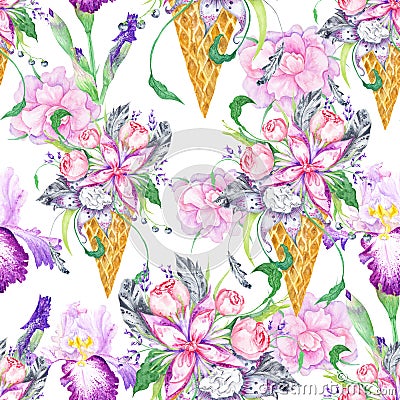 Floral Ice Cream Watercolor Pattern Stock Photo