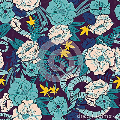 Floral jungle with snakes seamless pattern, tropical flowers and leaves, botanical hand drawn vibrant Vector Illustration